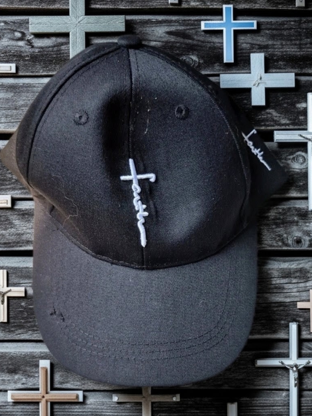 Black Baseball Cap with White Cross Script Accent